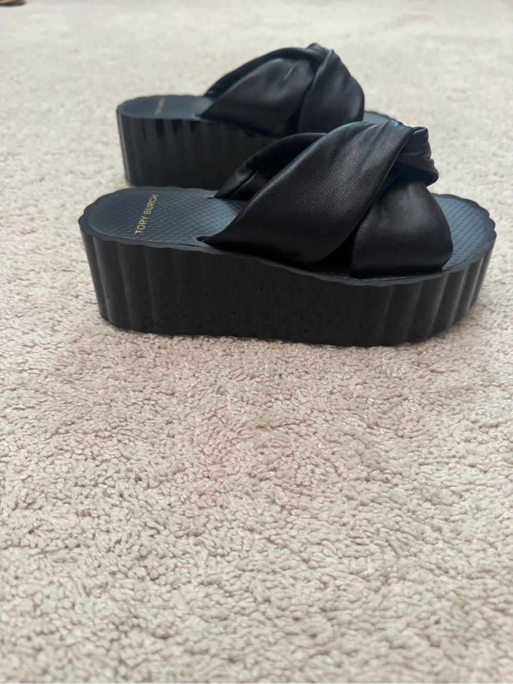 Tory Burch Black Knotted Leather Slide platform Sandals - Picture 2 of 4